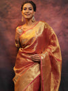 Banarasee Handwoven Crushed Tissue Zari Border Saree-Rust