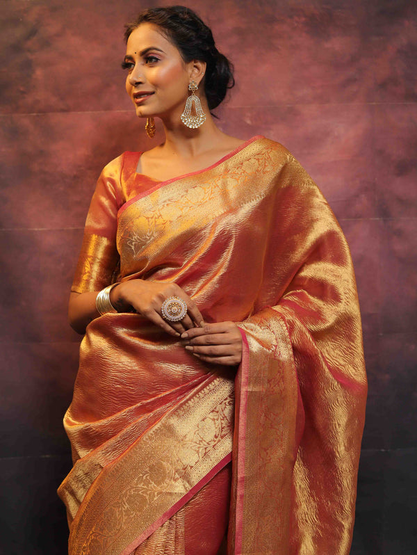 Banarasee Handwoven Crushed Tissue Zari Border Saree-Rust