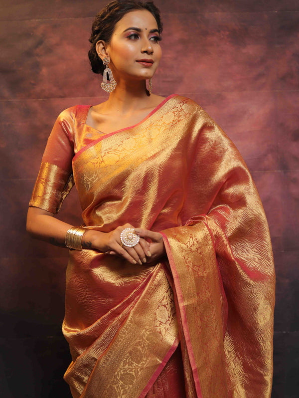 Banarasee Handwoven Crushed Tissue Zari Border Saree-Rust