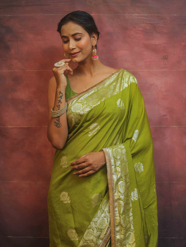 Banarasee Handwoven Semi Silk Saree With Zari Border & Lace-Henna Green