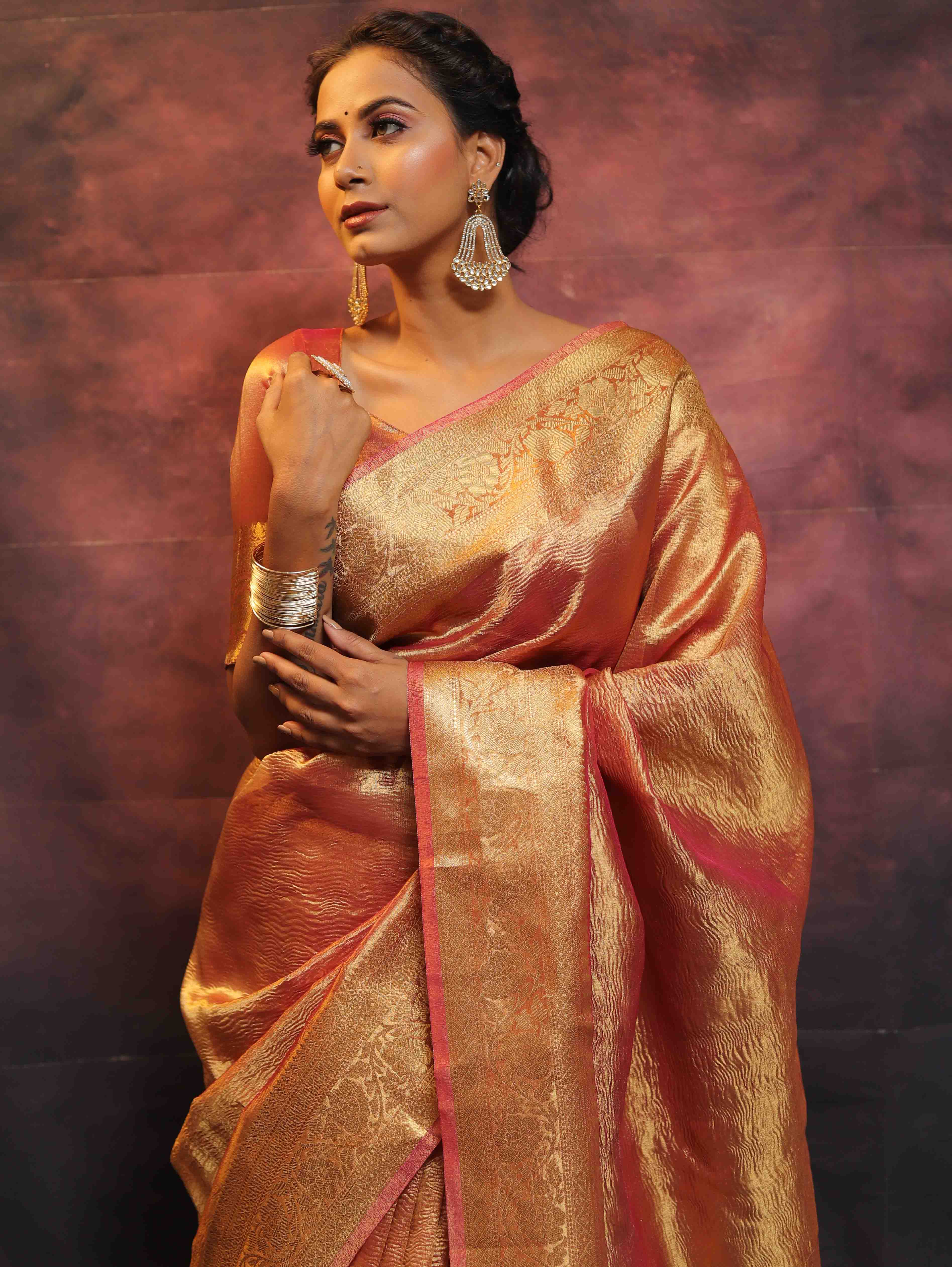 Banarasee Handwoven Crushed Tissue Zari Border Saree-Rust