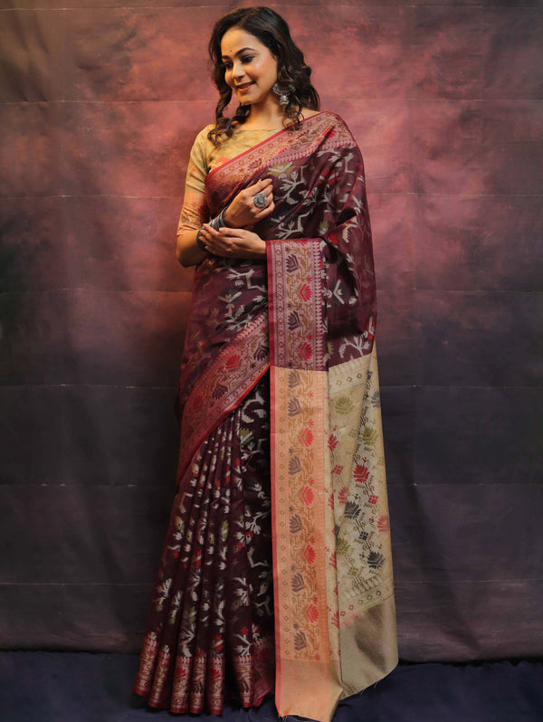 Banarasee Cotton Silk Jamdani Saree With Resham & Zari Design-Wine