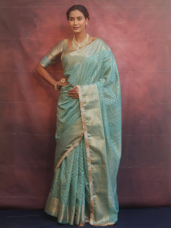 Banarasee Handwoven Semi Silk Saree With Gold Zari Border & Lace-Pastel Green