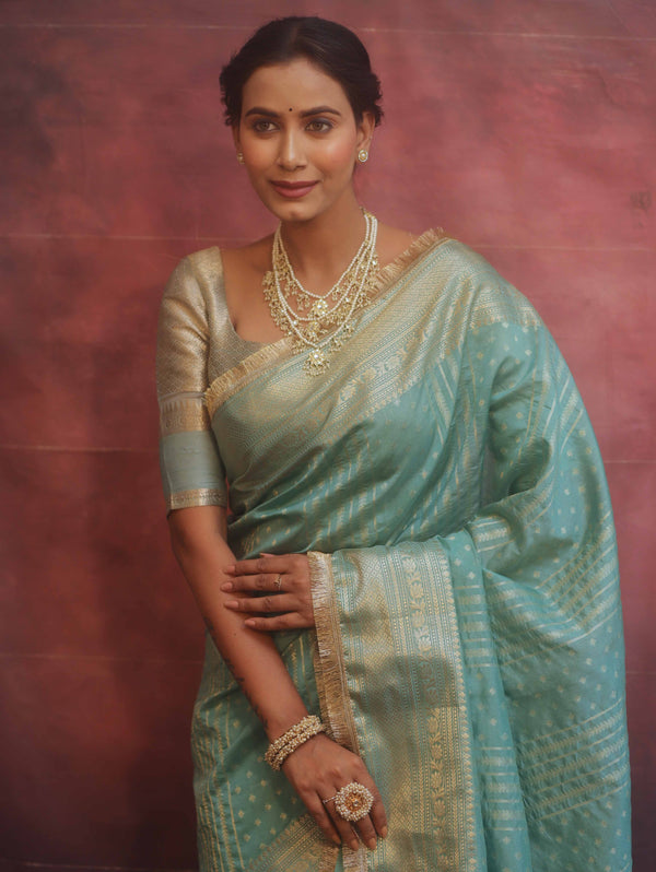 Banarasee Handwoven Semi Silk Saree With Gold Zari Border & Lace-Pastel Green