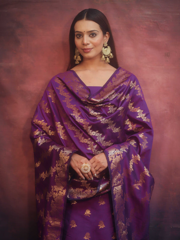 Banarasee Semi-Silk Salwar Kameez Fabric With Dupatta Set-Violet