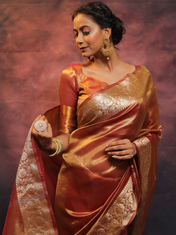 Banarasee Handwoven Plain Tissue Zari Border Saree-Rust