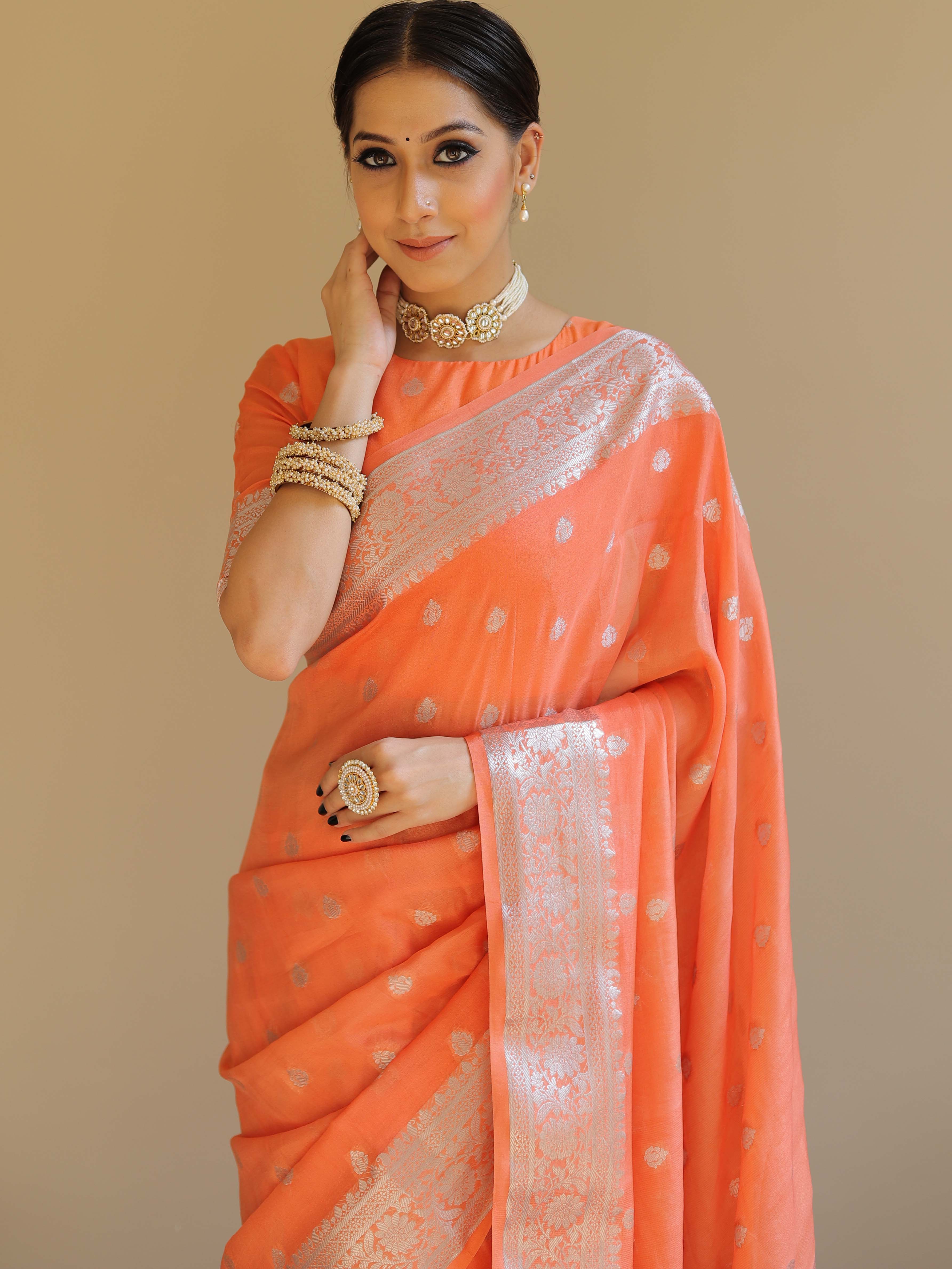 Banarasee Handwoven Semi-Chiffon Saree With Silver Zari Work-Peach