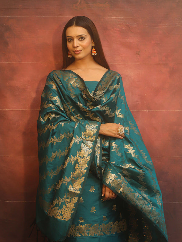 Banarasee Semi-Silk Salwar Kameez Fabric With Dupatta Set-Rama Green
