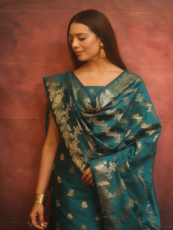 Banarasee Semi-Silk Salwar Kameez Fabric With Dupatta Set-Rama Green