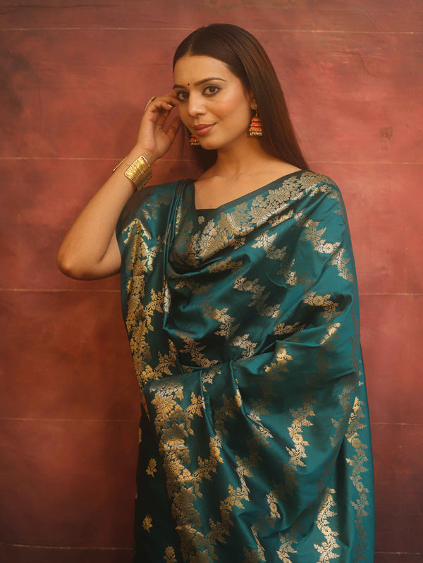 Banarasee Semi-Silk Salwar Kameez Fabric With Dupatta Set-Rama Green