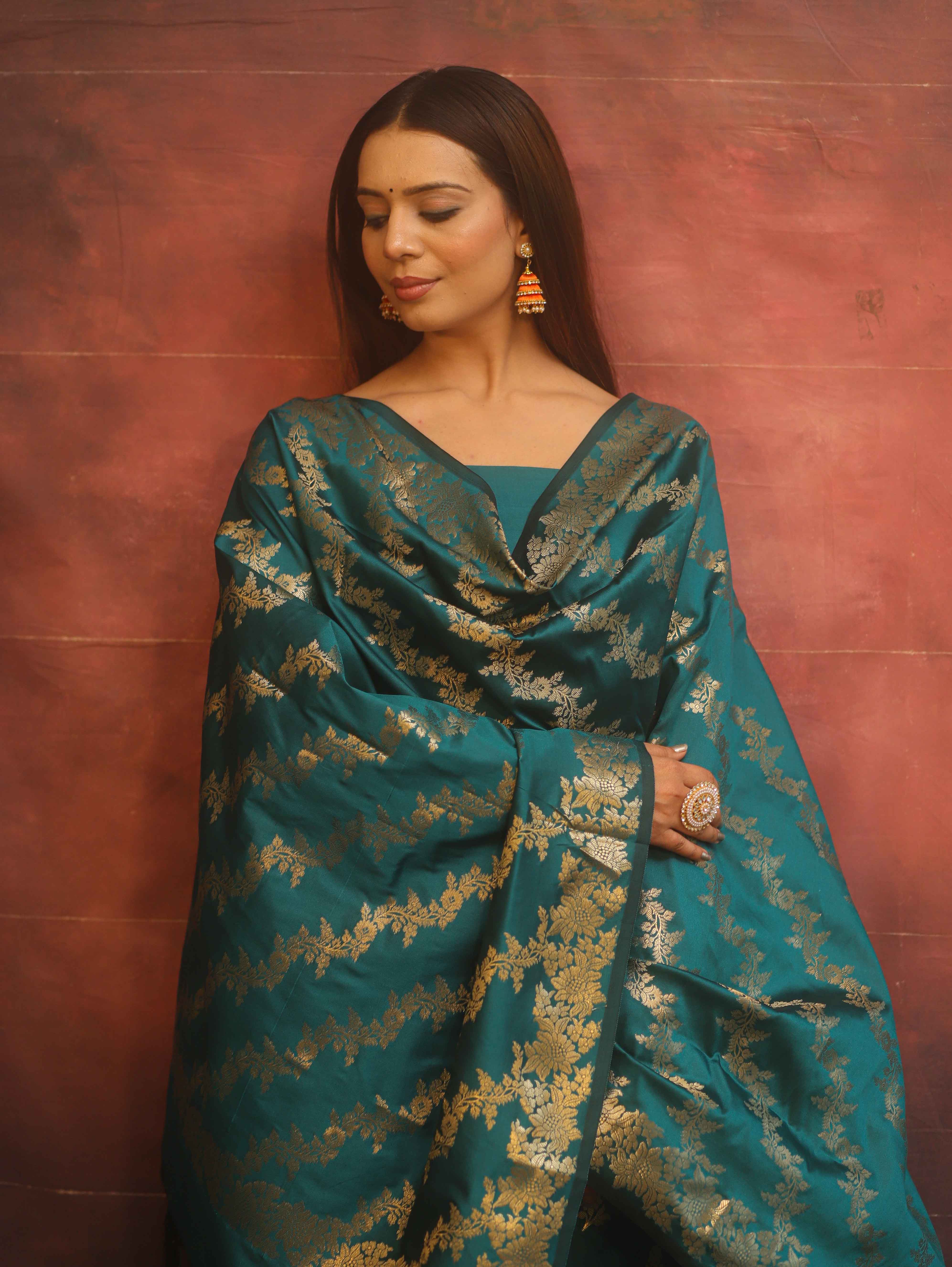 Banarasee Semi-Silk Salwar Kameez Fabric With Dupatta Set-Rama Green