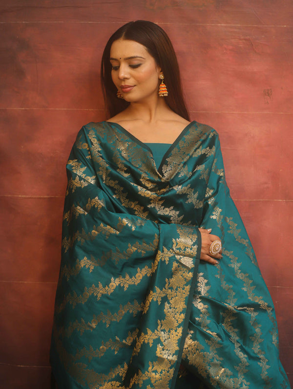 Banarasee Semi-Silk Salwar Kameez Fabric With Dupatta Set-Rama Green