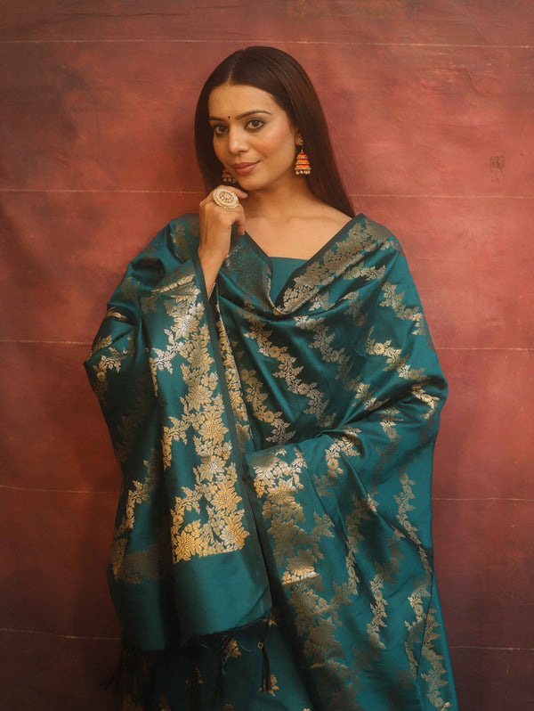 Banarasee Semi-Silk Salwar Kameez Fabric With Dupatta Set-Rama Green