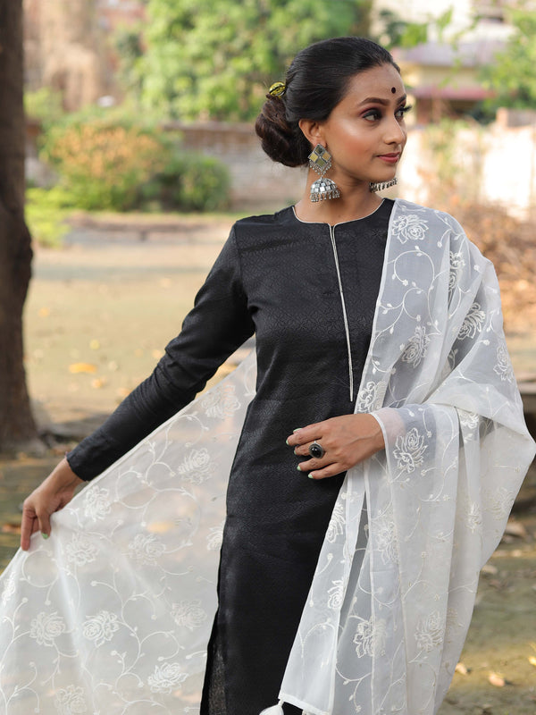 Banarasee Brocade Salwar Kameez Fabric With Embroidered Dupatta-Black & White