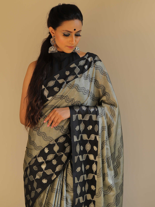 Banarasee Handloom Linen Silk Mix Saree-Grey & Black