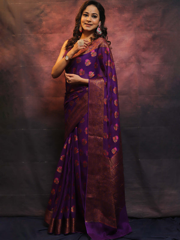 Banarasee  Handwoven Pure Chiffon Saree With Meenakari Work-Violet