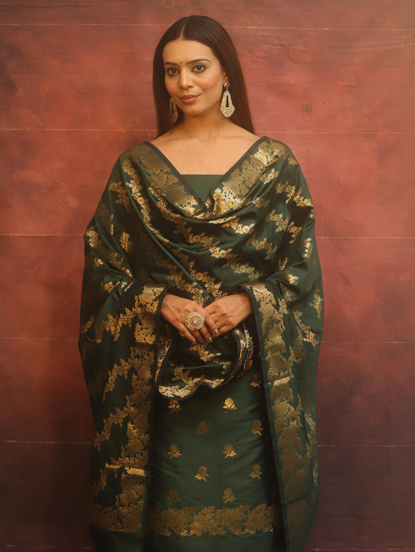 Banarasee Semi-Silk Salwar Kameez Fabric With Dupatta Set-Green