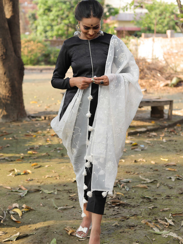 Banarasee Brocade Salwar Kameez Fabric With Embroidered Dupatta-Black & White