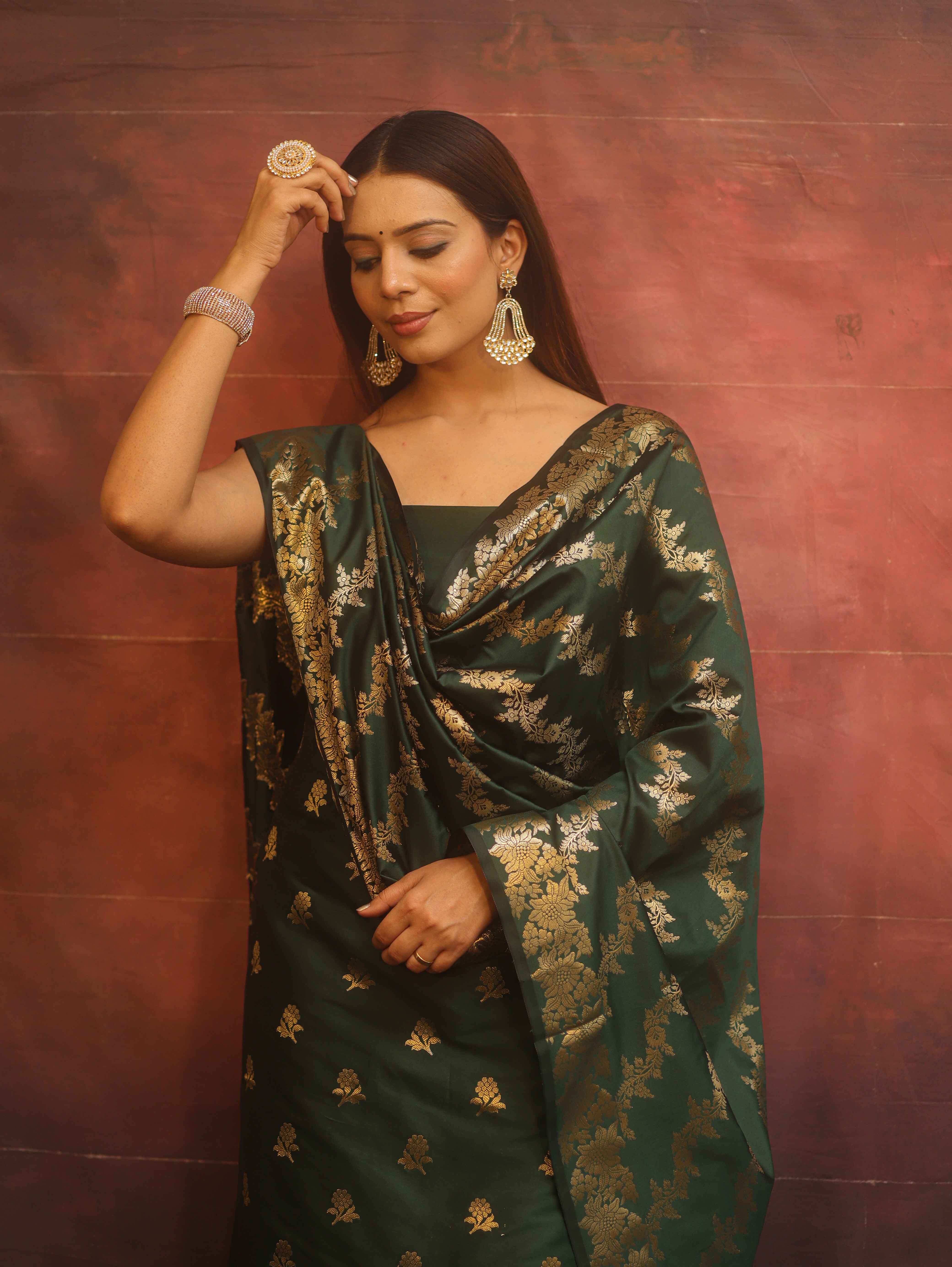 Banarasee Semi-Silk Salwar Kameez Fabric With Dupatta Set-Green