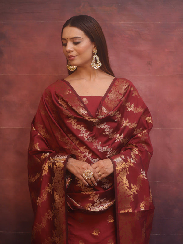 Banarasee Semi-Silk Salwar Kameez Fabric With Dupatta Set-Maroon