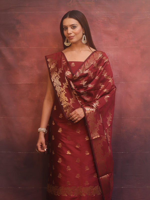 Banarasee Semi-Silk Salwar Kameez Fabric With Dupatta Set-Maroon