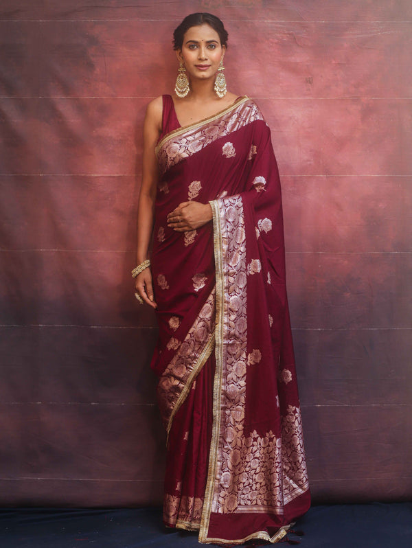 Banarasee Handwoven Semi Silk Saree With Zari Border & Lace-Maroon
