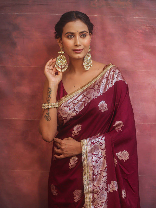 Banarasee Handwoven Semi Silk Saree With Zari Border & Lace-Maroon
