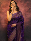 Banarasee Semi-Chiffon Saree With Antique Gold Zari Work-Violet