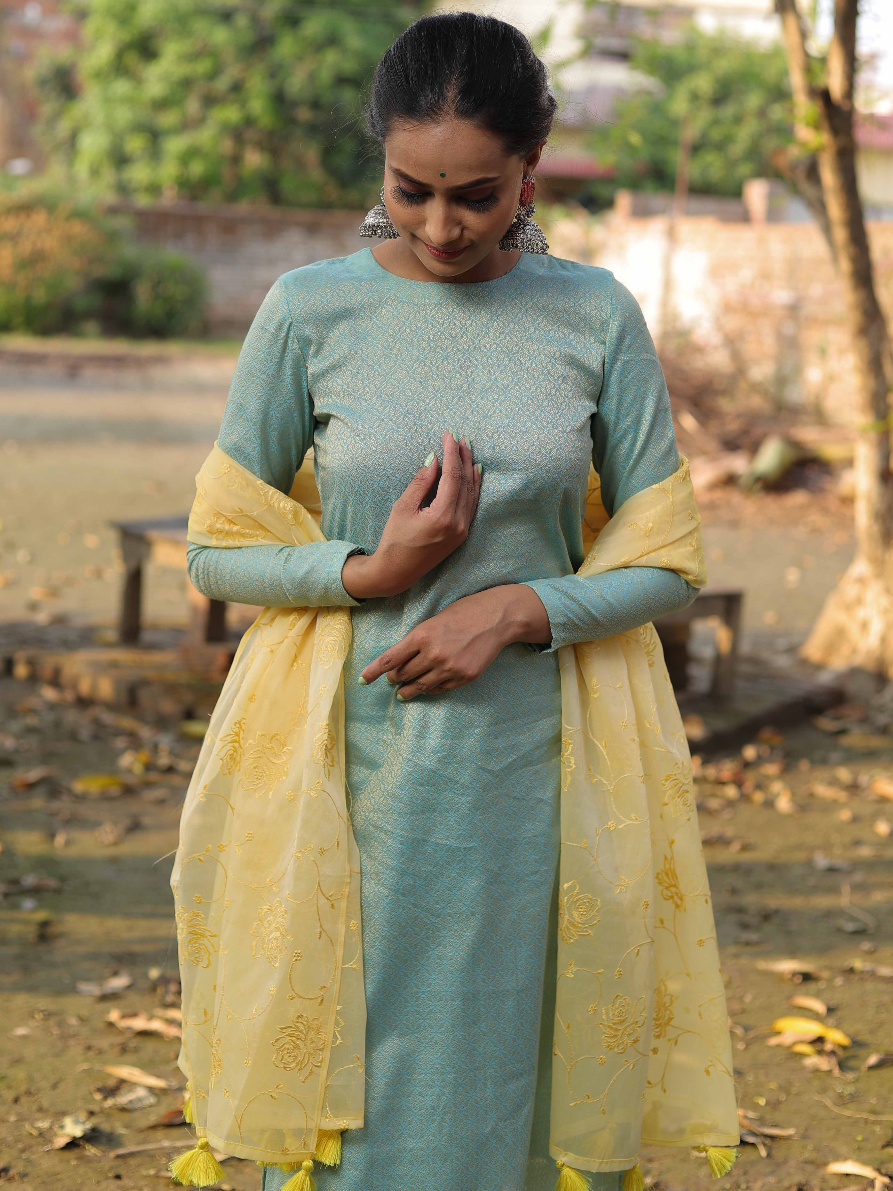 Banarasee Brocade Salwar Kameez Fabric With Embroidered Dupatta Blue