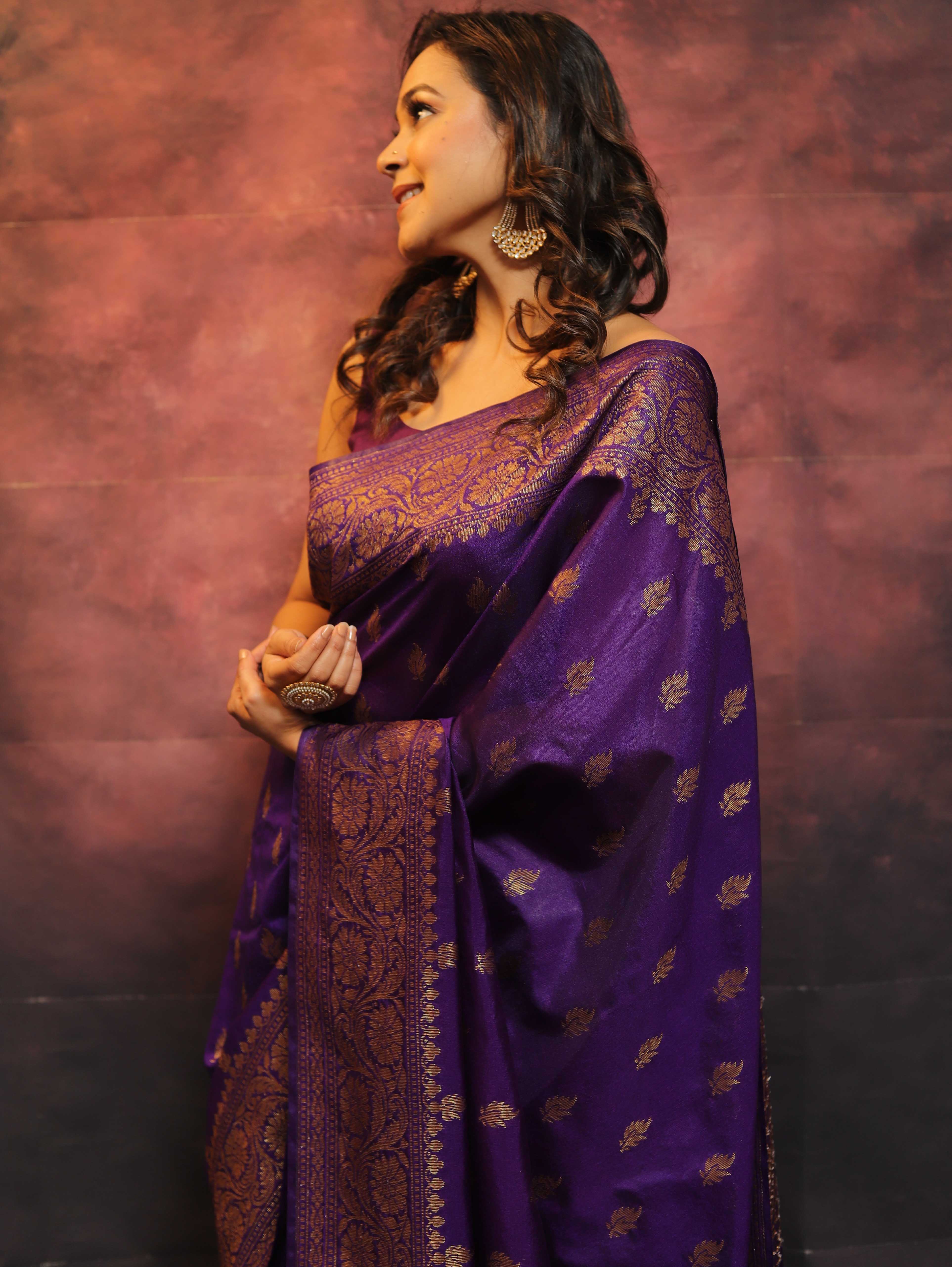 Banarasee Semi-Chiffon Saree With Antique Gold Zari Work-Violet