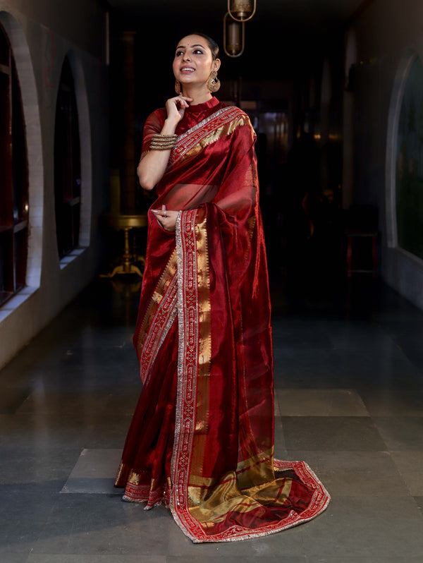 Banarasee Handwoven Tissue (Saubhagyavati Bhava) Lace Saree-Maroon