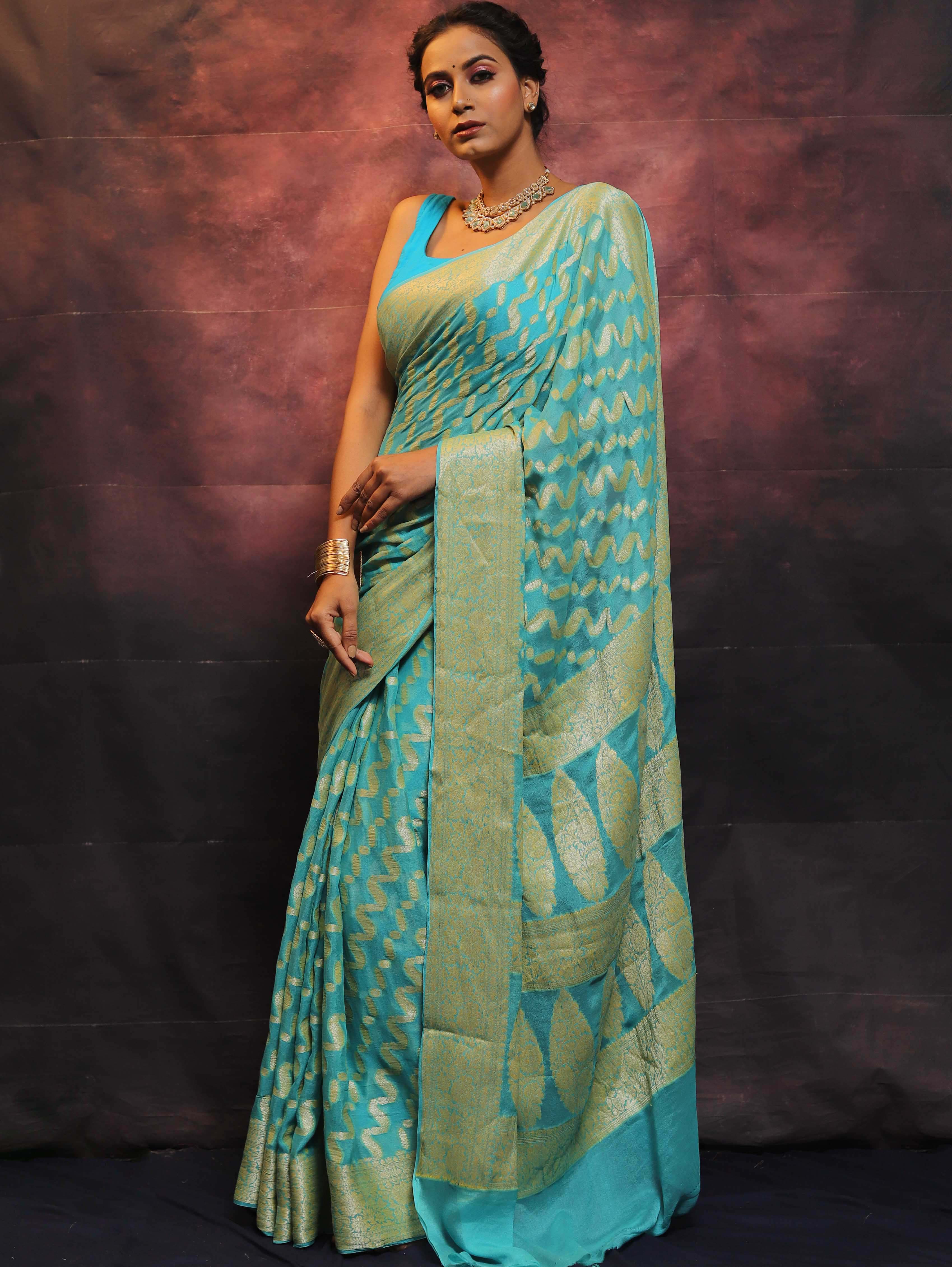 Banarasee Handwoven Pure Chiffon Saree With Zari-Blue