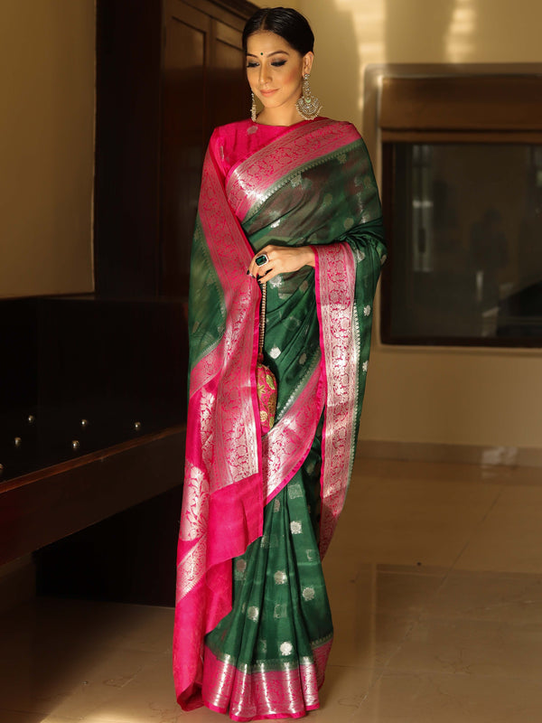 Banarasee Semi-Chiffon Saree With Silver Zari & Contrast Border Design-Green & Pink
