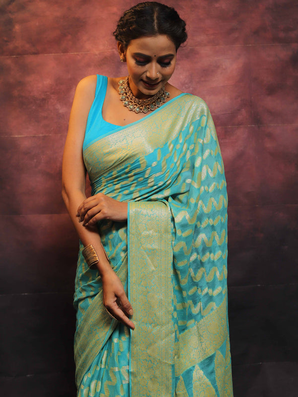Banarasee Handwoven Pure Chiffon Saree With Zari-Blue