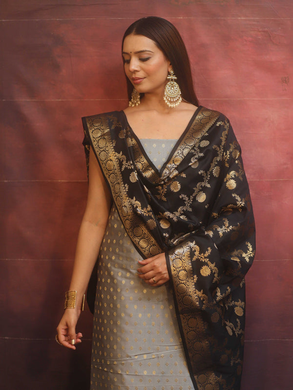Banarasee Semi-Silk Salwar Kameez Fabric With Contrast Dupatta Set-Grey & Black