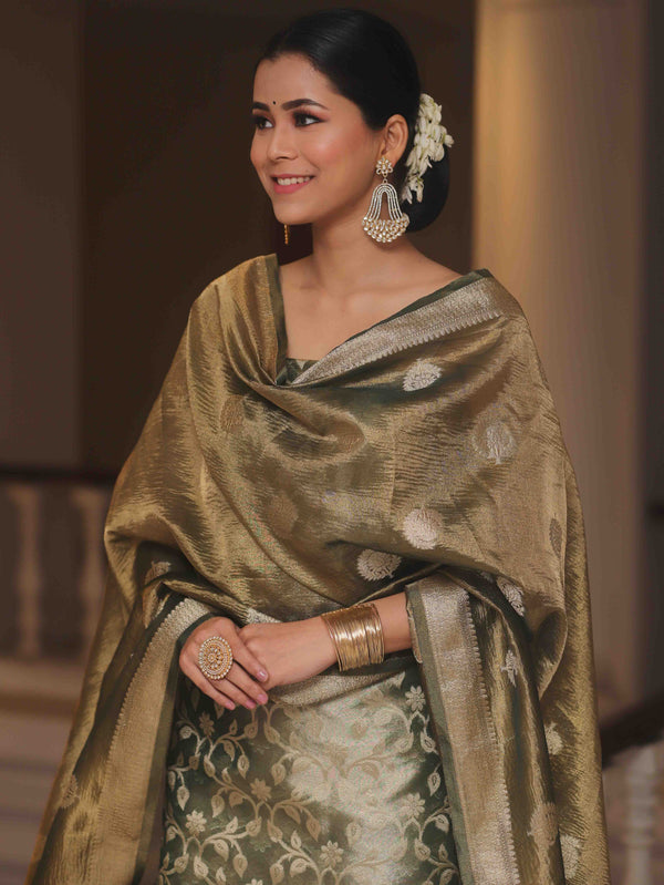 Banarasee Tissue Silk Salwar Kameez Fabric With Dupatta-Green