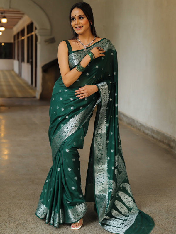 Banarasee Handwoven Semi-Chiffon Saree With Silver Zari Work-Green