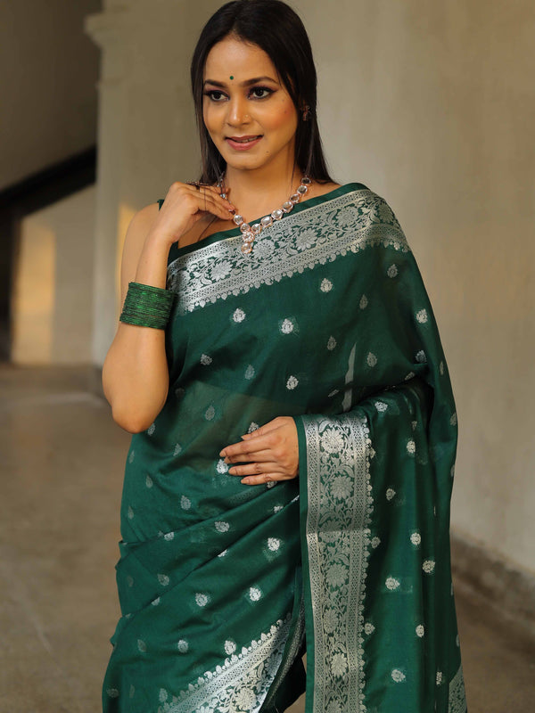 Banarasee Handwoven Semi-Chiffon Saree With Silver Zari Work-Green