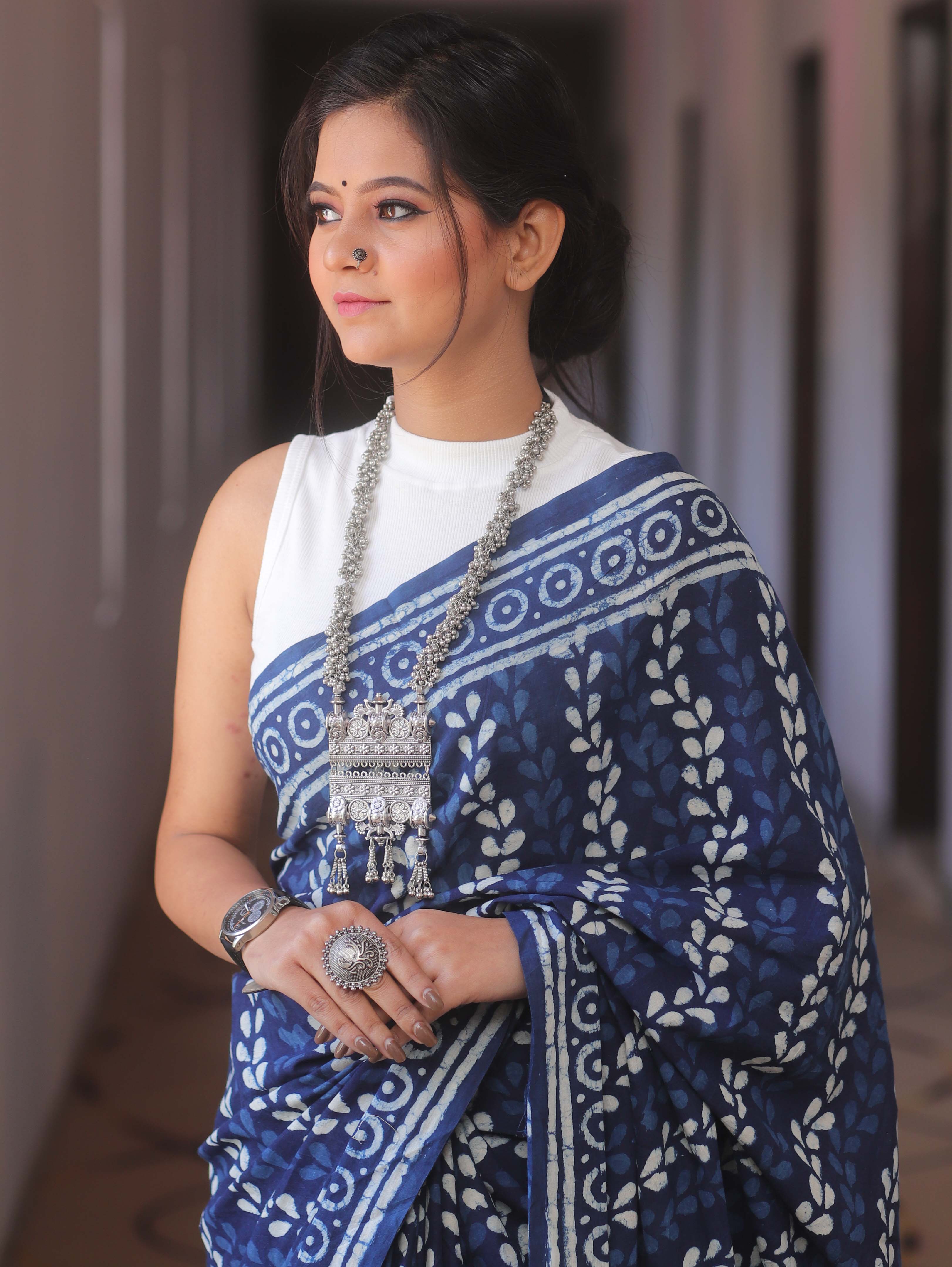 Handloom Mul Cotton Hand-Block Print Saree-Blue