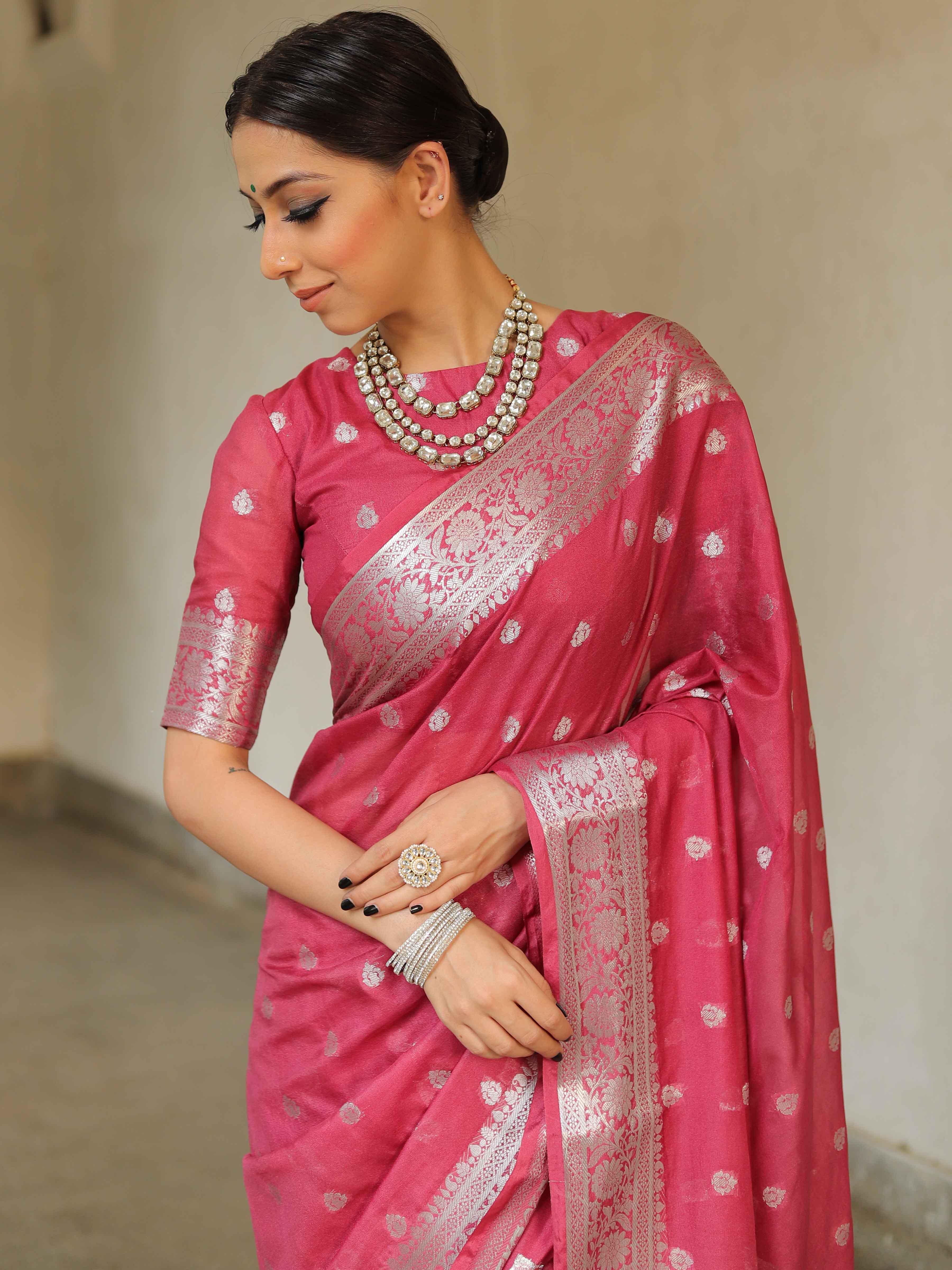 Banarasee Handwoven Semi-Chiffon Saree With Silver Zari Work-Rose Pink