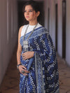 Handloom Mul Cotton Hand-Block Print Saree-Blue