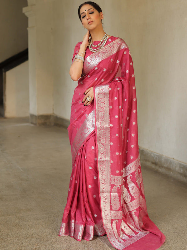 Banarasee Handwoven Semi-Chiffon Saree With Silver Zari Work-Rose Pink