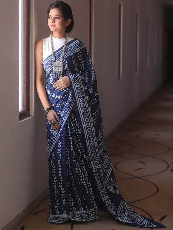 Handloom Mul Cotton Hand-Block Print Saree-Blue