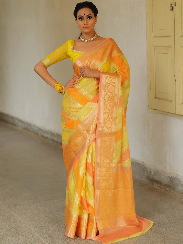 Banarasee Handwoven Soft Semi Silk Saree With Hand-Painted Rangkat Design-Yellow & Peach