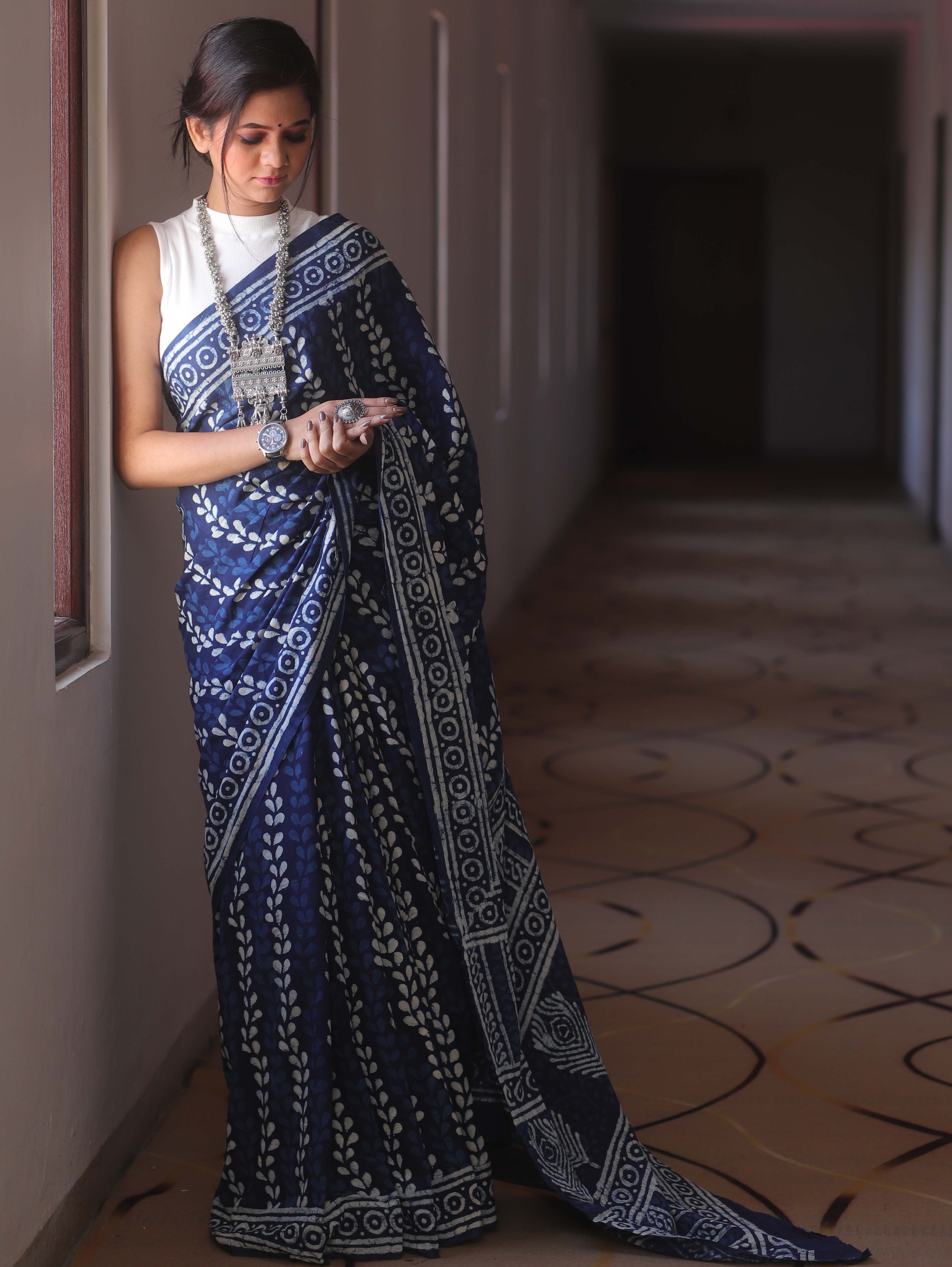 Handloom Mul Cotton Hand-Block Print Saree-Blue