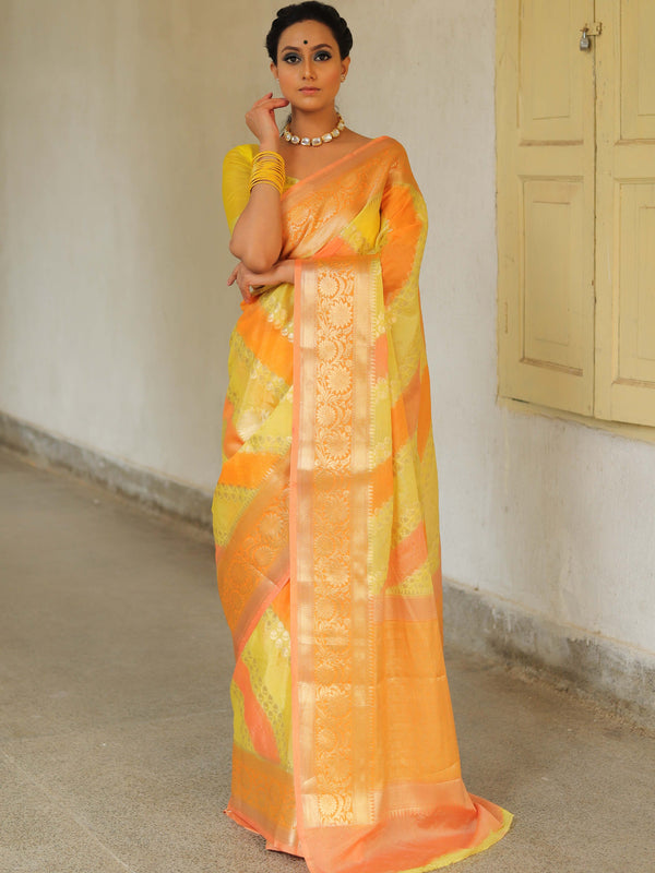Banarasee Handwoven Soft Semi Silk Saree With Hand-Painted Rangkat Design-Yellow & Peach