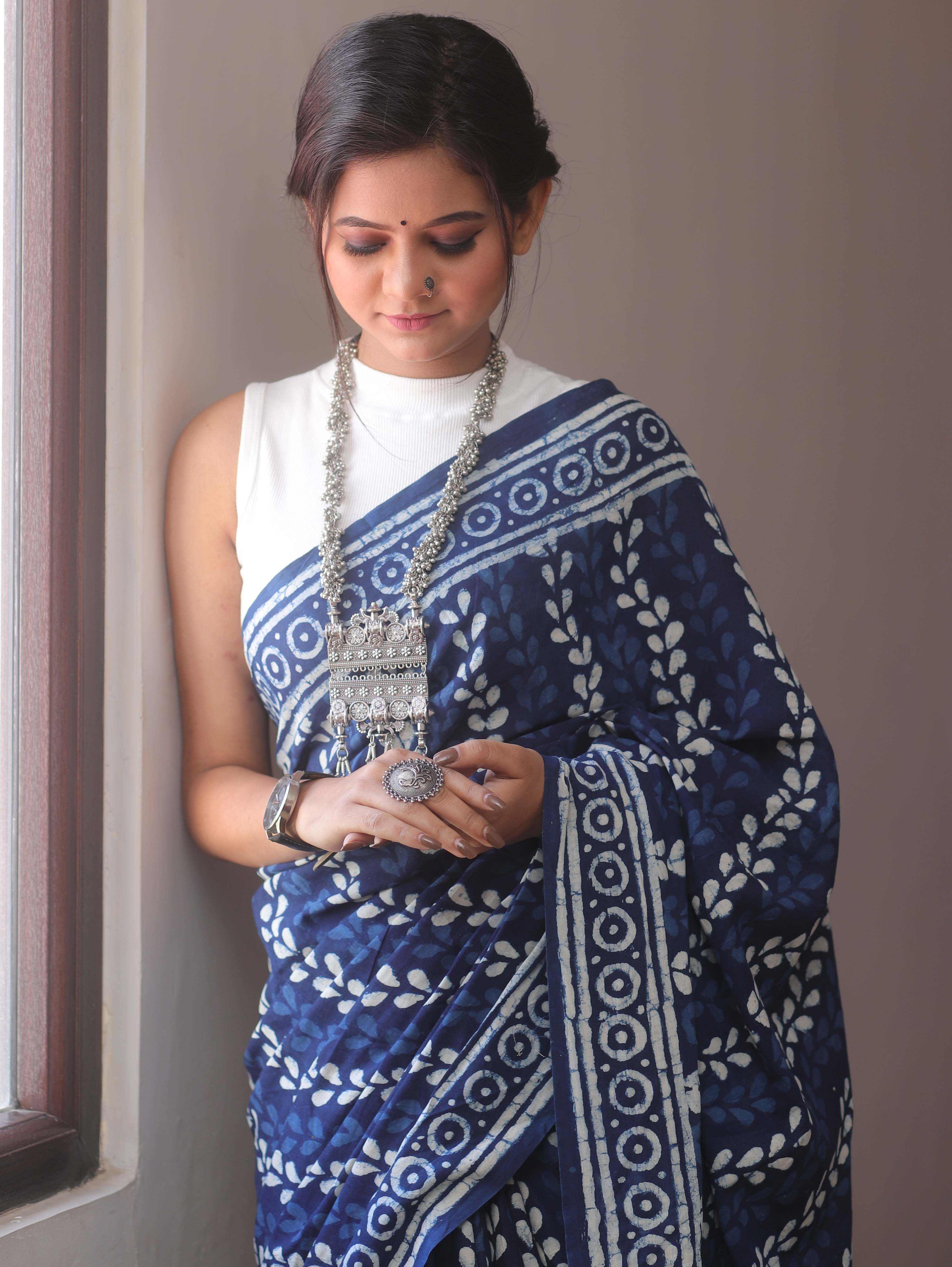 Handloom Mul Cotton Hand-Block Print Saree-Blue