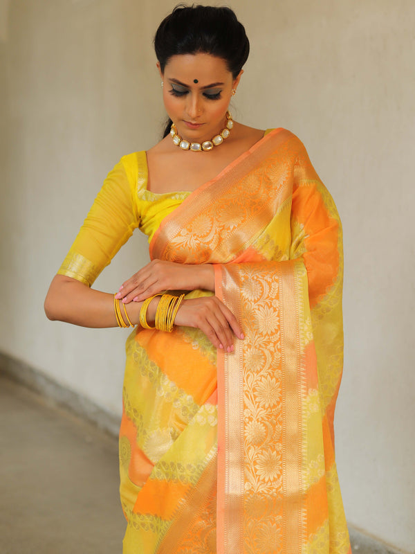 Banarasee Handwoven Soft Semi Silk Saree With Hand-Painted Rangkat Design-Yellow & Peach