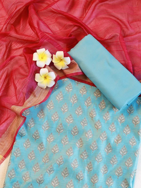 Banarasee Cotton Silk Salwar Kameez Ghichha Buti Fabric & Dupatta-Blue & Pink