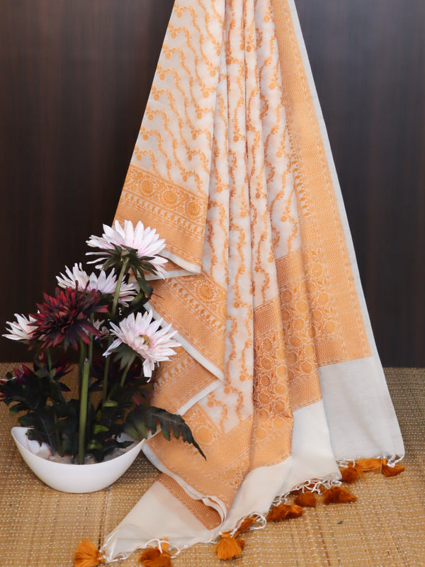 Banarasee Cotton Resham Work Dupatta-White